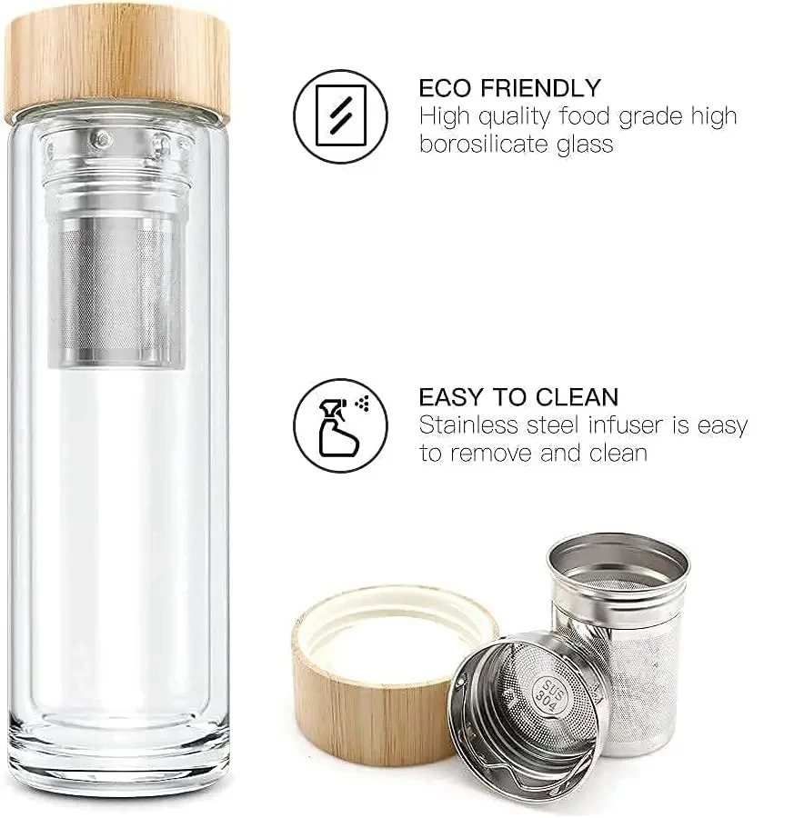 300/400/500ml Double-layer Glass Tea Cup with Bamboo Lid and Stainless Steel Filter, Suitable for Travel, Home, and Office Use