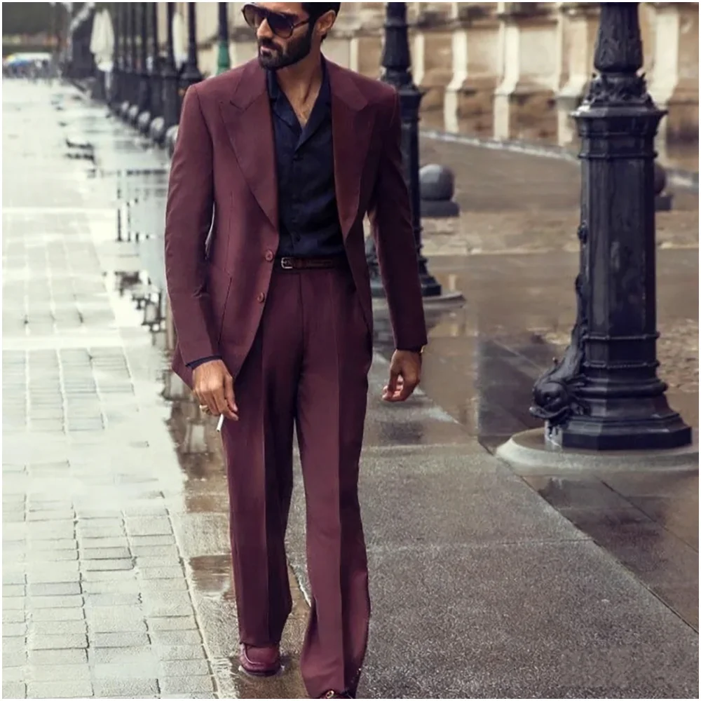 

Burgundy Men Suits 2 Pieces Peaked Lapel Single Breasted Formal Business Evening Party Wedding Groom Dress Custom Male Outfits