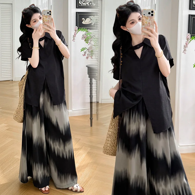Maternity Suit Summer 2026 Lapel Short Sleeve Shirt and Gradient Tie Dye Wide Leg Pants for Pregnant Women Elegant Temperament