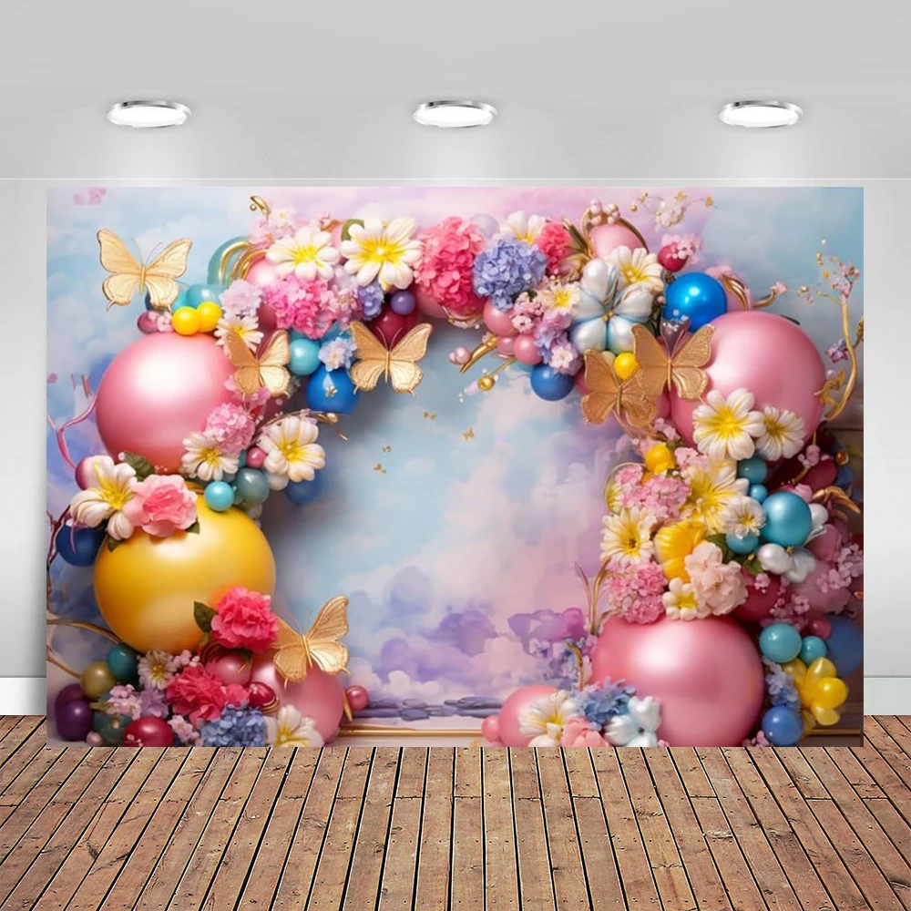 

Happy Birthday Party Paiting Wall Photography Backdrops Colorful Balloons Flowers Butterfly Decoration Arch Photo Background