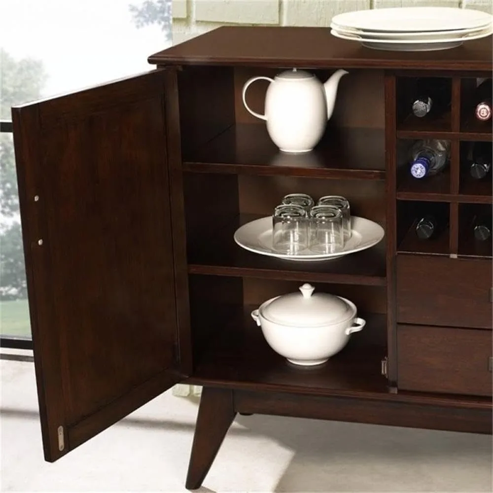 Solid rubber wood 54 inch modern side panel wine rack, 2 drawers and 2 storage racks with 12 bottles of wine