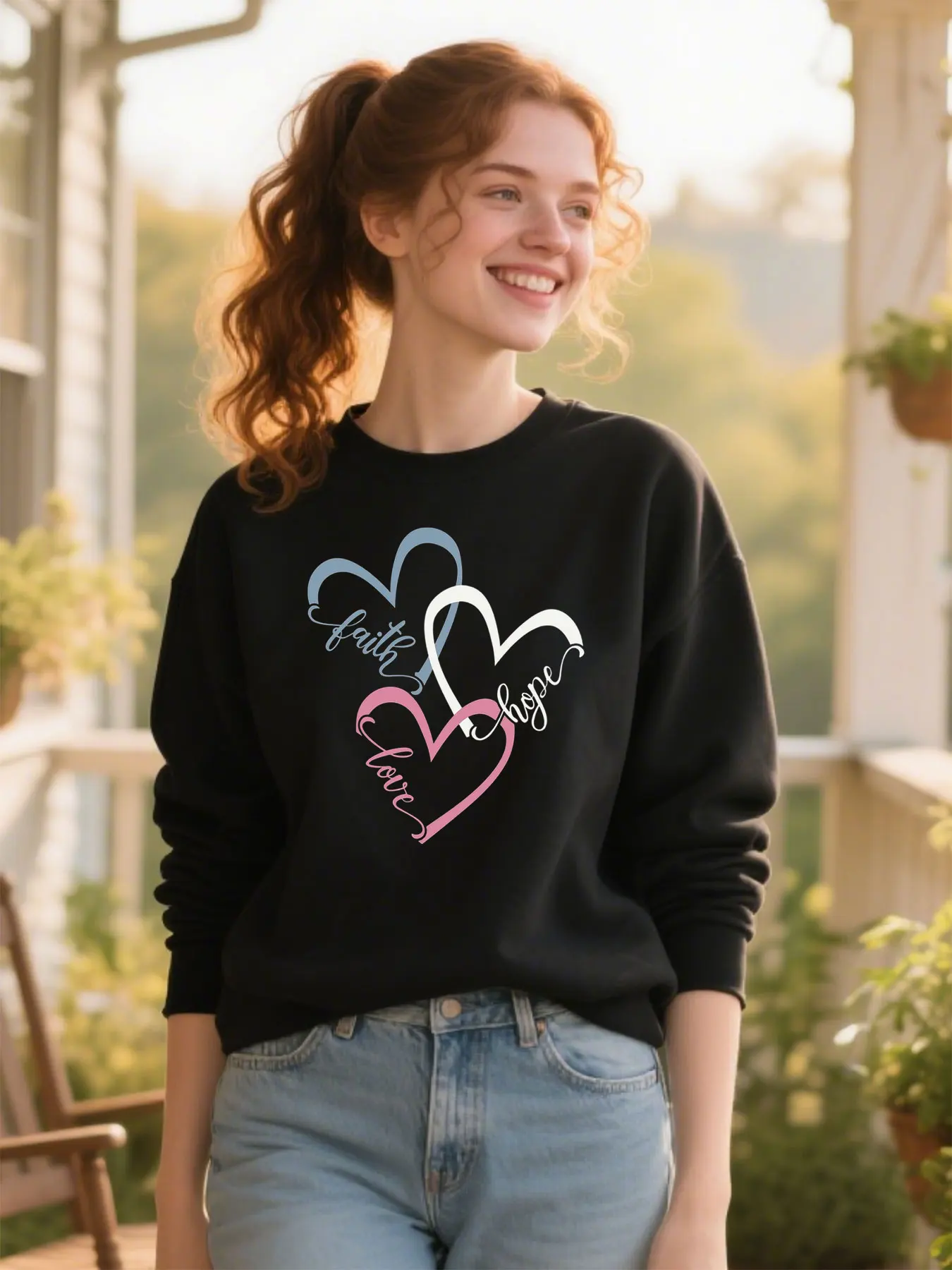 

Unisex Soft Cotton Sweatshirt With Faith Hope Love Hearts Print Comfortable Classic Casual Birthday Gift