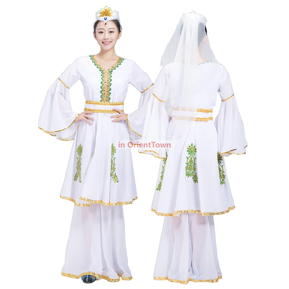 XinJiang Performance Stage Wear Uygur Clothing National Suit Female Adult Dance Costume White Elegant  dress