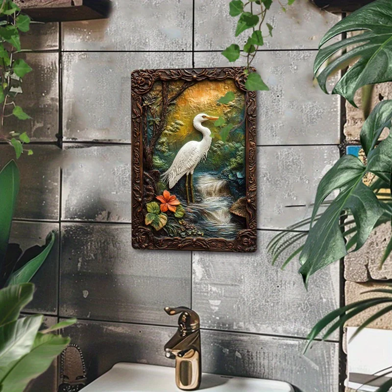 Elegant Egret Vintage Aluminum Wall Art, Metal Tin Sign for Living Room, Dorm Decor | Durable & Easy-to-Install