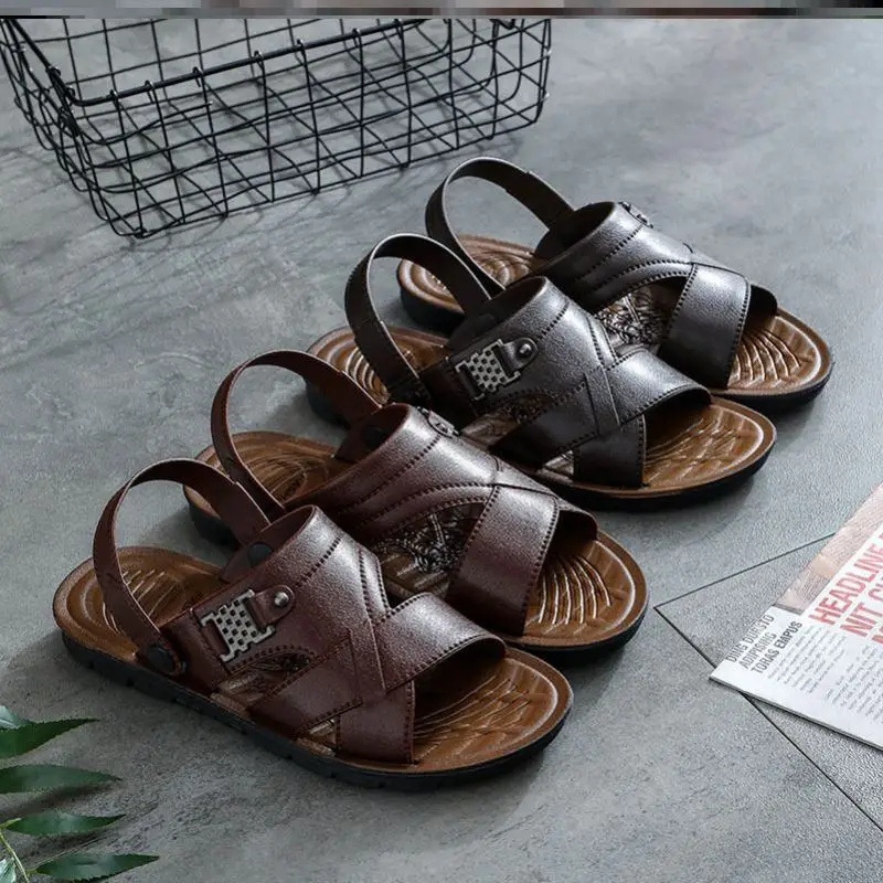 

Летние повседневные мужские сандалии из кожи, уличная одежда Beach oes, дышащая резиновая подошва без шнуровки с круглым носком, удобная