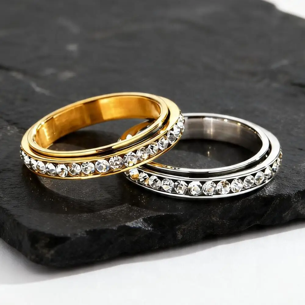 4mm Spinner Zircon Fidget Ring for Men Women,Stainless Steel Rotating Anxiety Relief Engagement Rings Tail Ring,Anniversary Gift