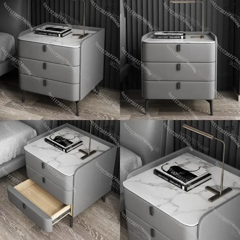 Modern 3 Drawer Bedside Table Solid Wood Nightstand Faux Leather Sintered Stone Top Side Storage Cabinet for Bedroom