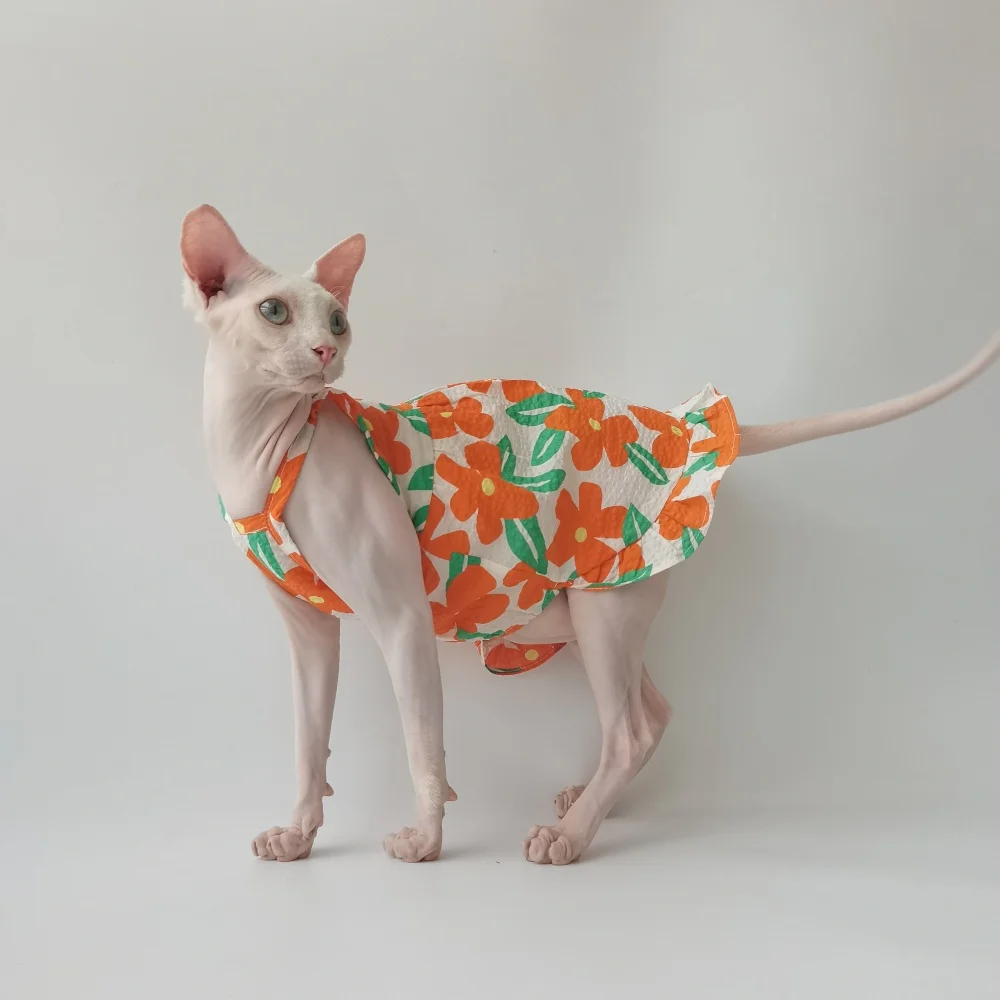 Ropa para gato Sphynx floral de algodón naranja, vestido de verano - imagen 5