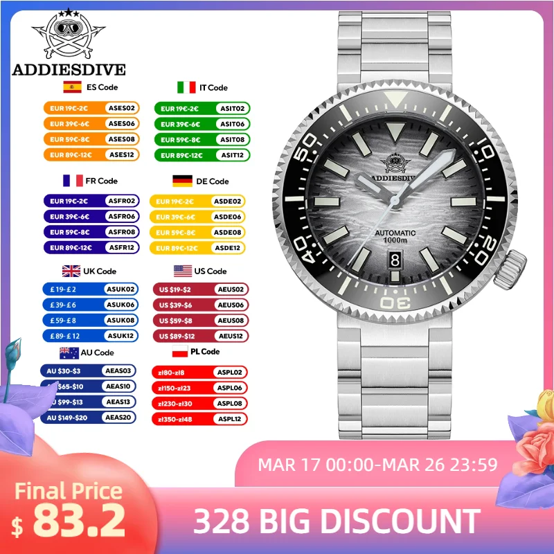 

ADDIESDIVE 1000m Diving Watch NH35 Automatic Sapphire Wave Gradient Blue Luminous Stainless Mechanical Watches Men's Wristwatch