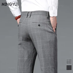 2024 New Classics Plaid Stretch Pants Men Business Fashion Grey Black Casual Pants Male Brand Formal Work Suit Trousers 38