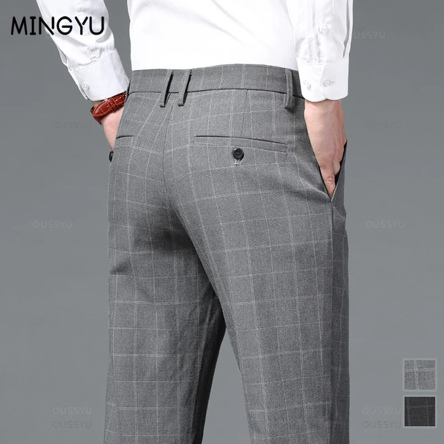 2024 New Classics Plaid Stretch Pants Men Business Fashion Grey Black Casual Pants Male Brand Formal