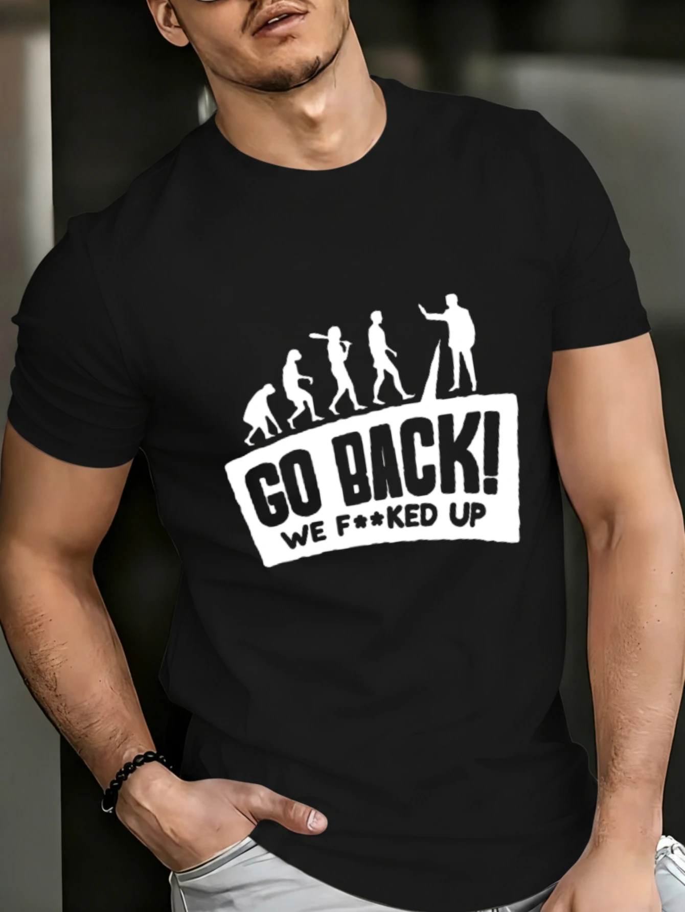 1PC JOOCAR Go Back We F**ked Up Evolution T-shirt en coton décontracté à imprimé graphique, col rond, extensible, respirant, manches courtes, haut streetwear à imprimé lettres tendance, choix de cadeau idéal pour les fêtes