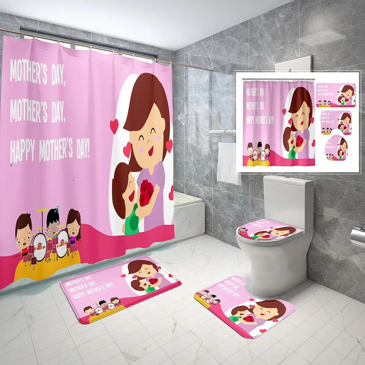 

Mother's Day Theme Shower Curtain Sets 4 Pcs Dear Mom Pink Rose Non-slip Bath Mat Toilet Lid Waterproof Shower Curtain Sets