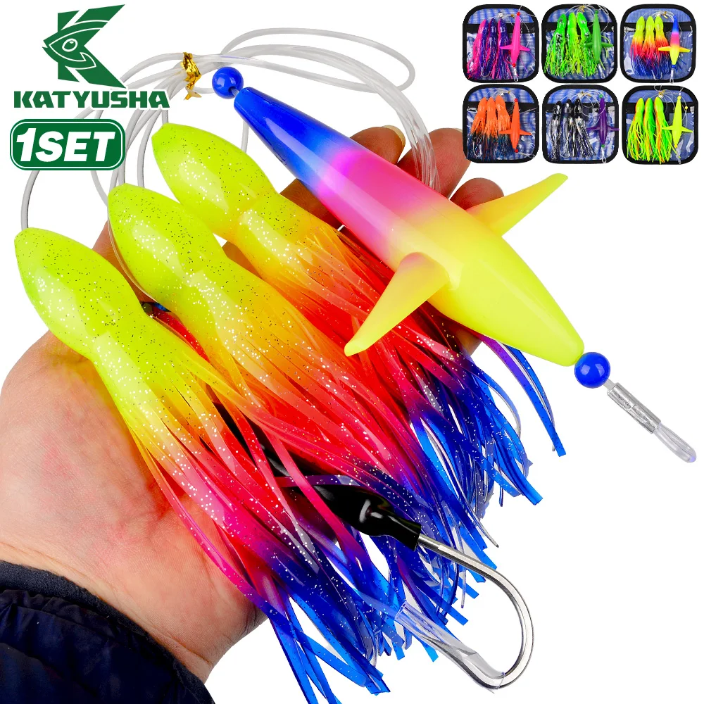 

KATYUSHA 6/9inch 1set Artificial Big Fishing Trolling Lure Soft Skirt Silicone Tuna Lure Saltwater simulation Squid Fishing Bait