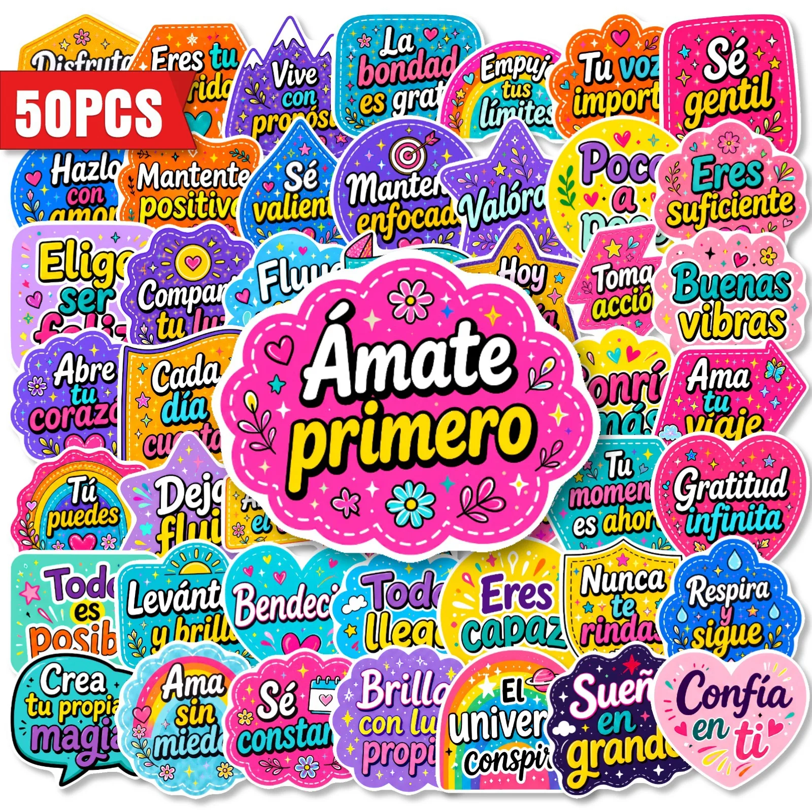 50 PCS Rainbow Color Inspirational Spanish Personality Stickers Luggage Diary Phone Guitar Greeting Card Non Repeated Decals