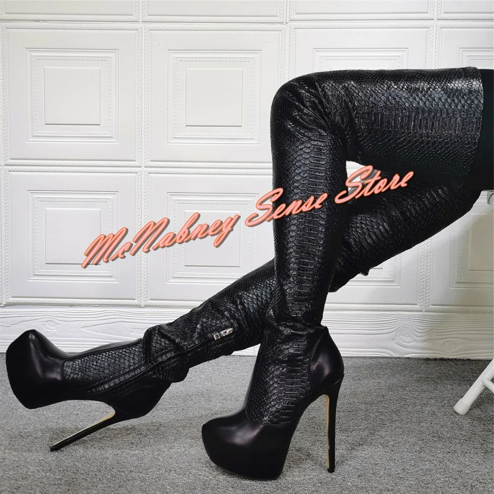 

Snake Pattern Platform Boots Round Toe Stiletto Heels Side Zipper Thigh High Boots Solid Black Fitted Women Shoes Winter Party