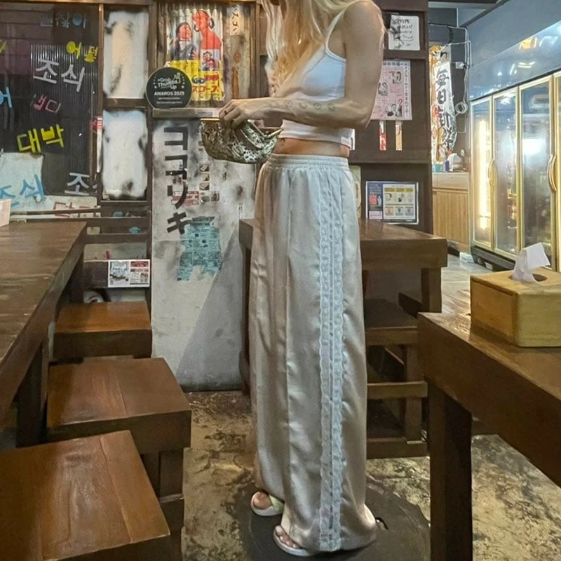 

Women Satin Silk Side Floral Lace Trim Patchwork Long Pants Y2k Elastic High Waist Wide Leg Loose Fit Silky Trousers Streetwear