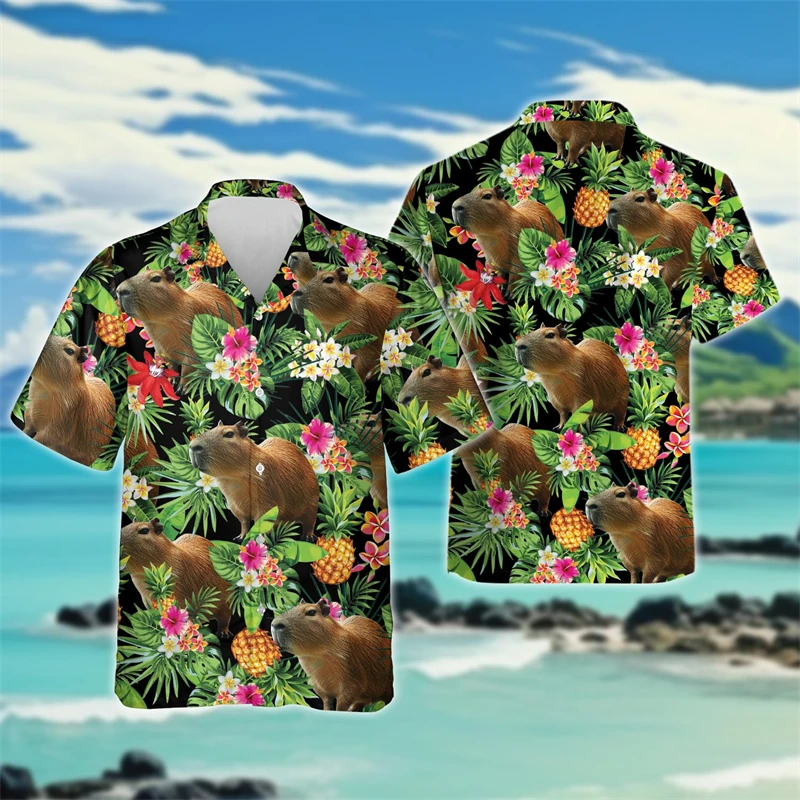 Cute Capybara Graphic Beach Shirt Kawaii Aniaml Female Short Sleeve Blouses Hawaiian Surfing Women Lapel Blouse Button Girls Top