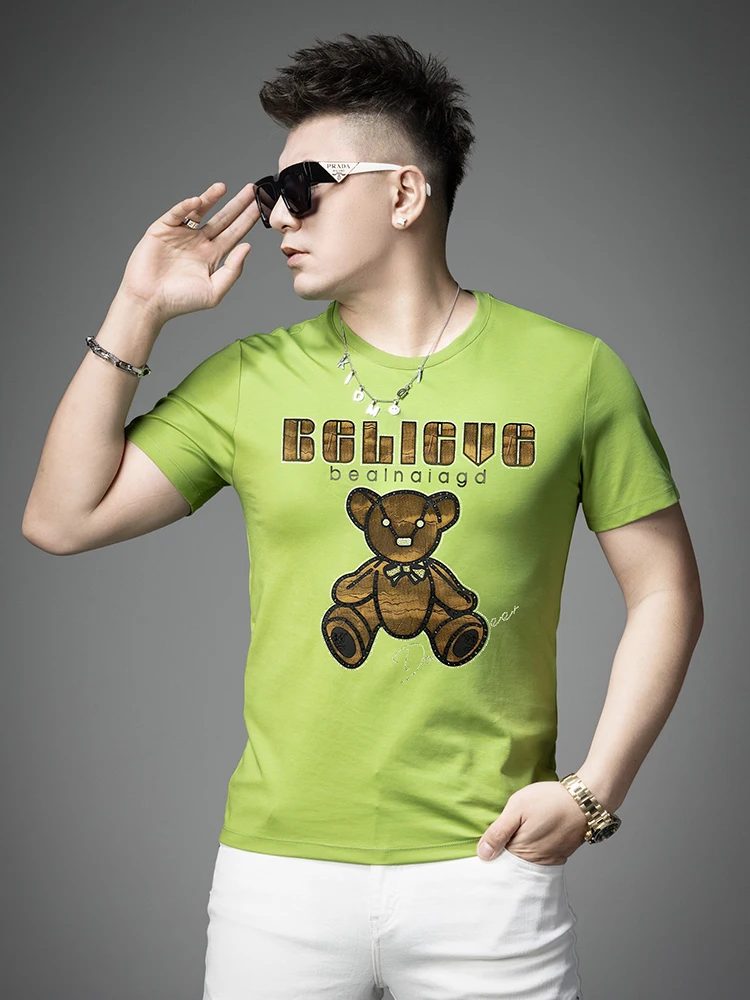 

European Sle Men's Printed Bear T-irt Summer Trendy ort Sve Avocado een Men's f Sve Body irt Cotton Polyes...