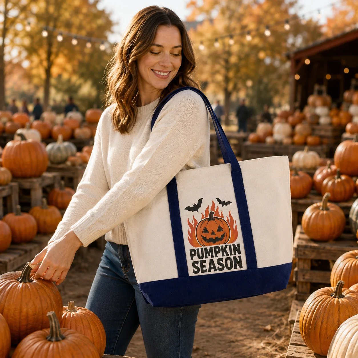 Custom Canvas Shoulder Bag Halloween Moon Ghost Add Name Photo Message Large Capacity Shoulder Tote For Women Family Party Gifts