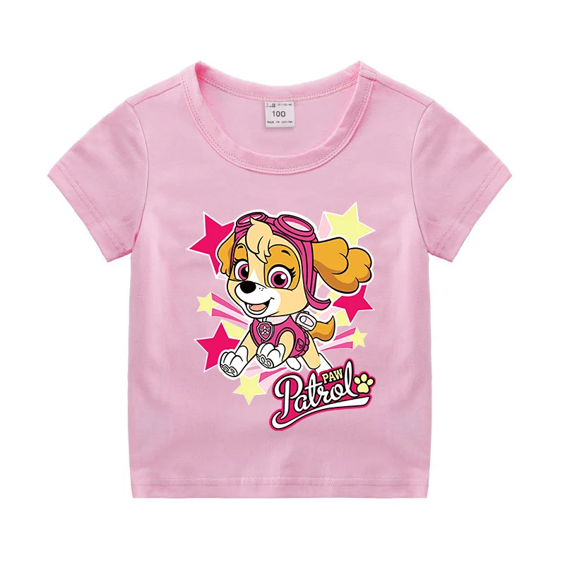 Paw patrol roupas para crianças colorido camiseta de algodão anime roupas bonito skye padrão topos base t camisa dos miúdos meninos meninas presente