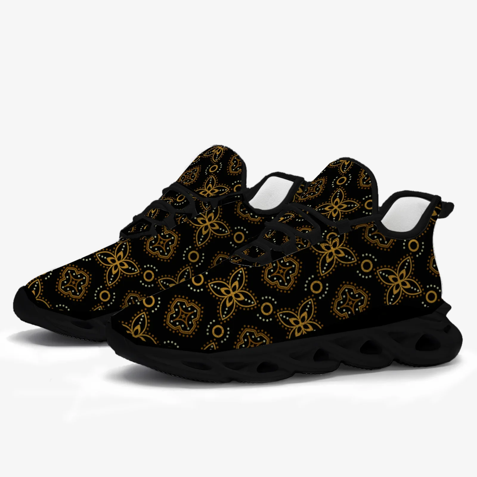 Gold pattern print casual sneakers feature a lightweight mesh upper and are suitable for both men and women