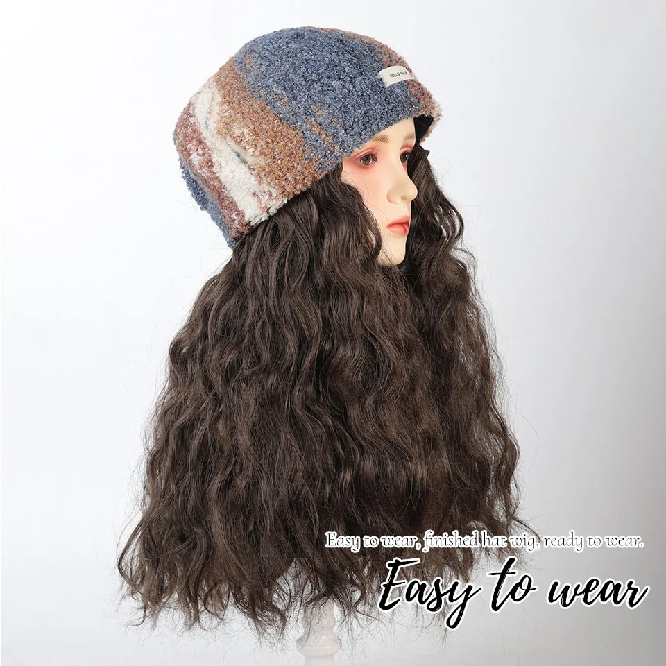 Synthetic Long Curly Wavy Hair Curled black knitted beret With Hair Wigs Warm Integrated Fashion Autumn Winter Cap Wig For Women