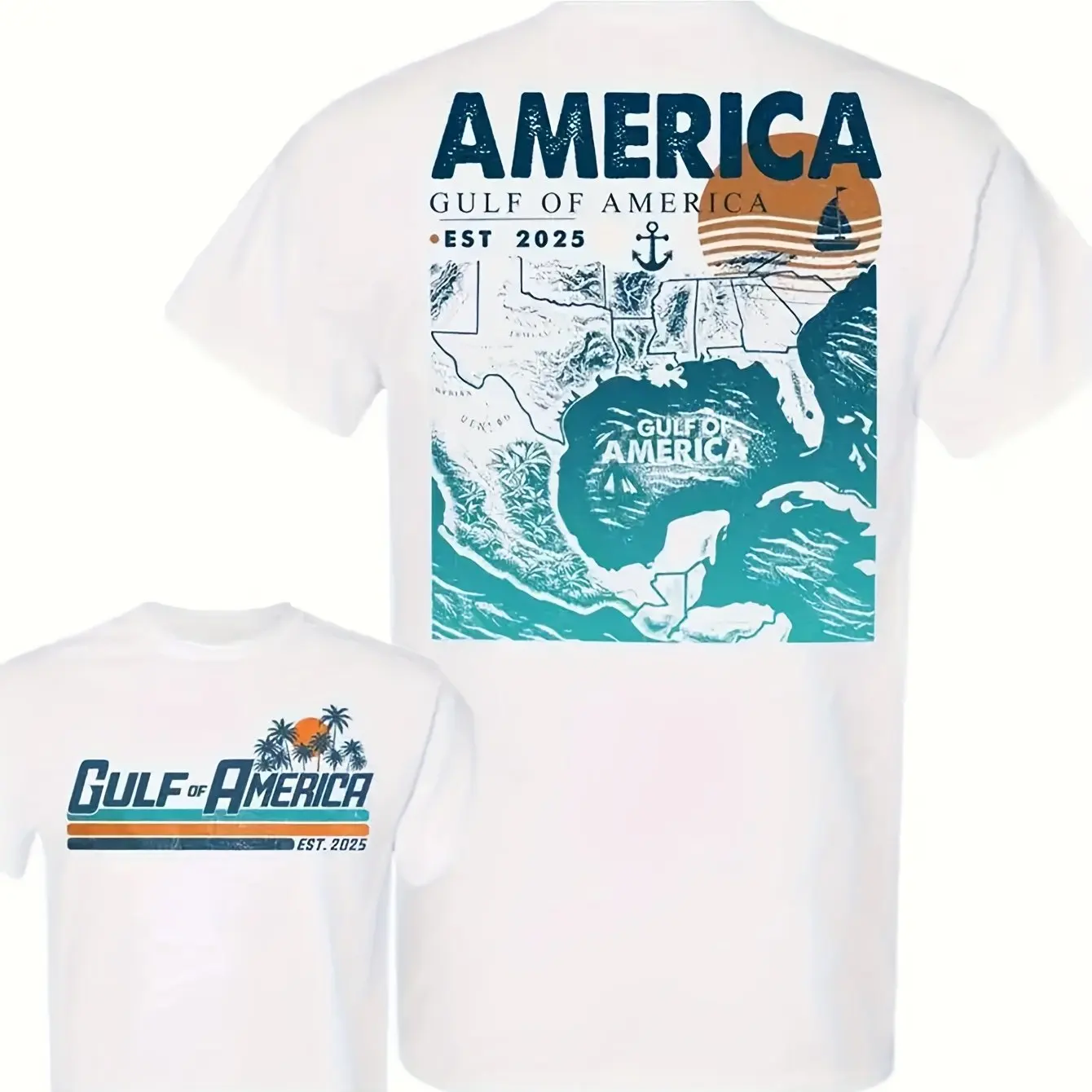 Gulf of America Est 2025 Camisa de 2 caras Unisex a todo color de tamaño completo para hombre y mujer Camiseta de algodón 220G