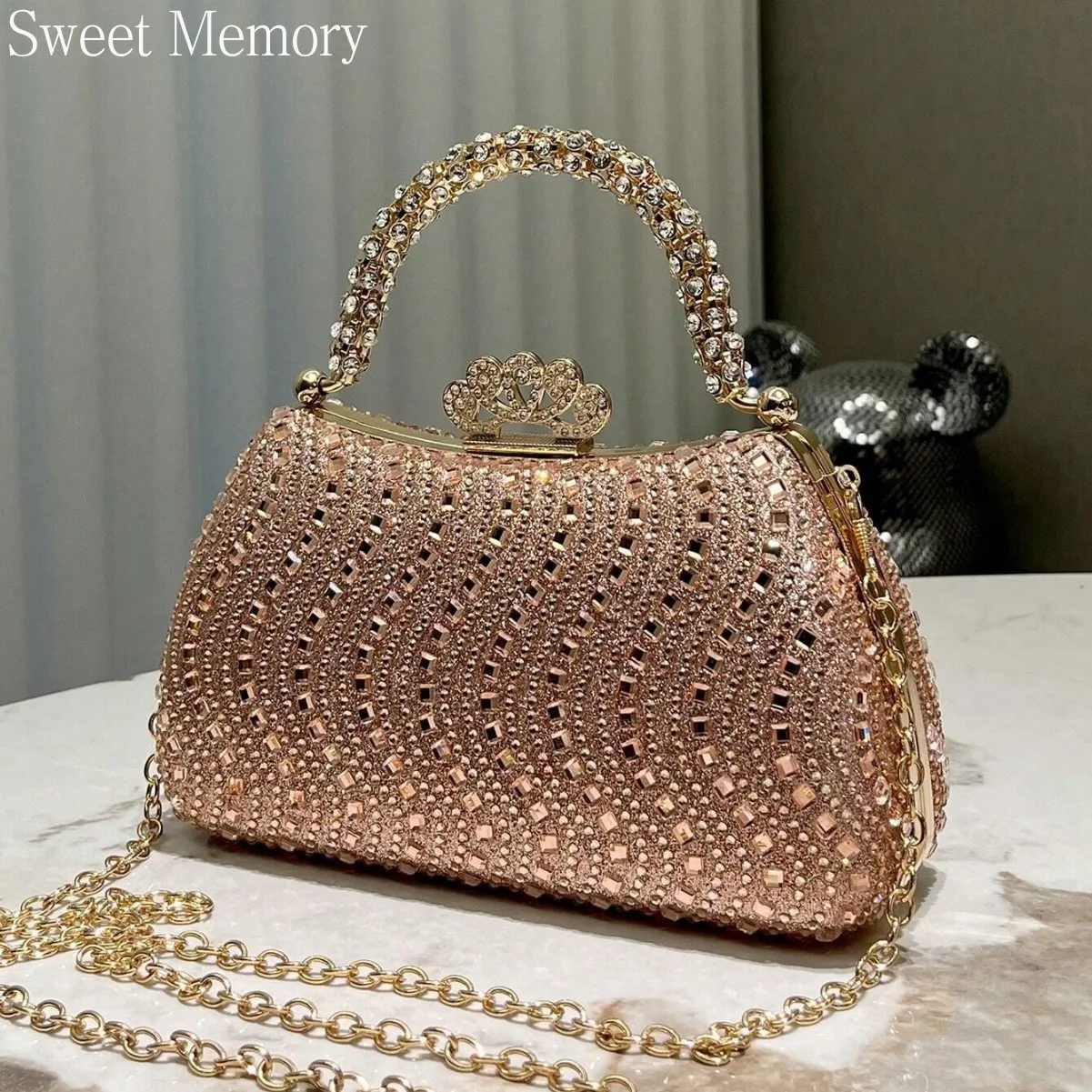 

J160 Champagne Banquet Bag with Diamond Studded Phoenix Crown Buckle Handbag Banquet Dress Chain Bag 2025 Sweet Memory Dolly Bag