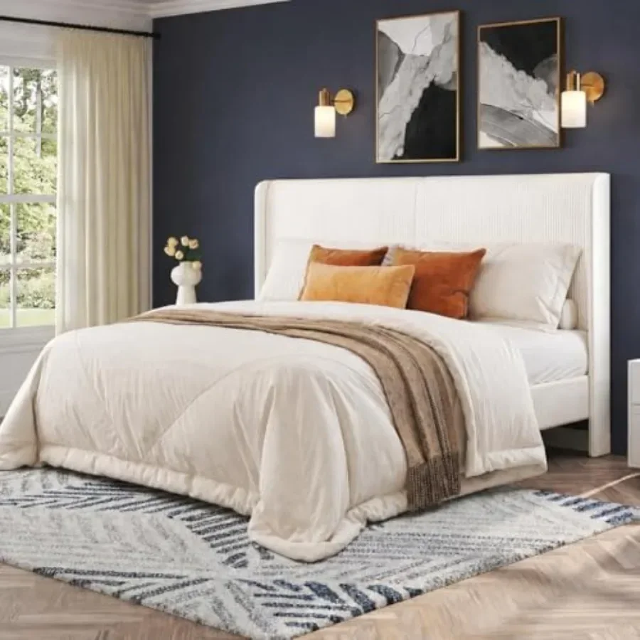 Bed Frame, Upholstered Platform Bed with Corduroy Headboard for Bedroom, Grey Fabric, Soft-Touch Texture and No Box Spring Requ