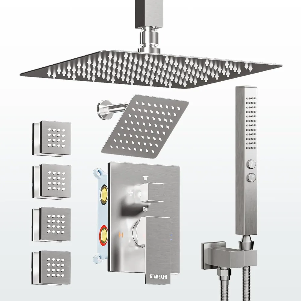 

4 Modes 12 Inch Ceiling Shower Head and 6 Inch Rain Shower Head with 4 Body Jets and Handle Spray Set