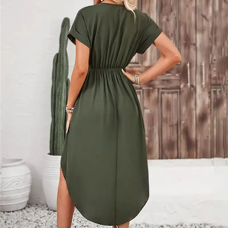 Y.KUKU 2024 New Dress Women Short Sleeve V-neck Irregular Tie Casual Clothes For Women Slim Fit Elegant Solid Vestidos