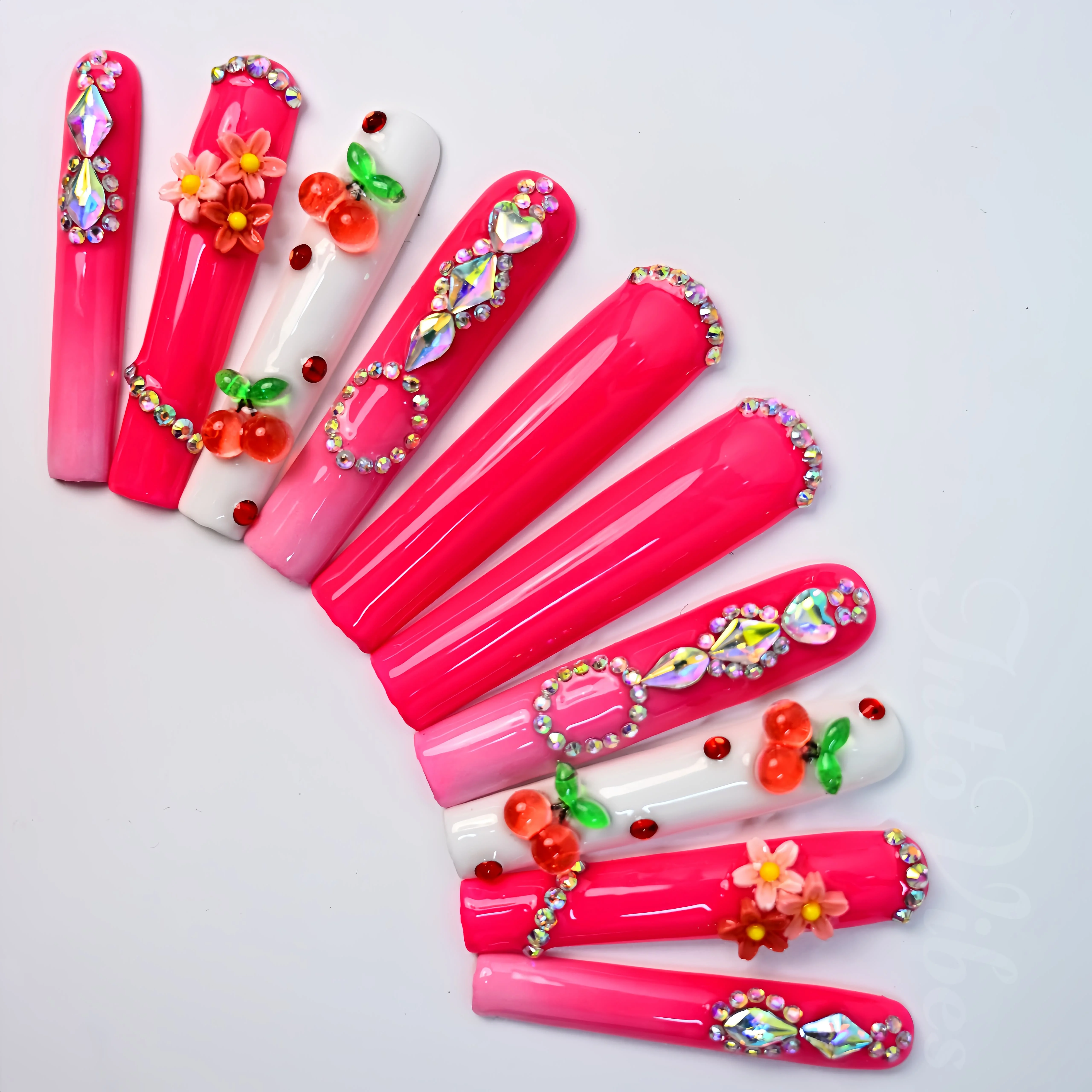 

Handmade Vibrant Long Square Press On Nails, Artisan Design with 3D Cherry Accents & Delicate Floral Decor + Dazzling Rhinestone