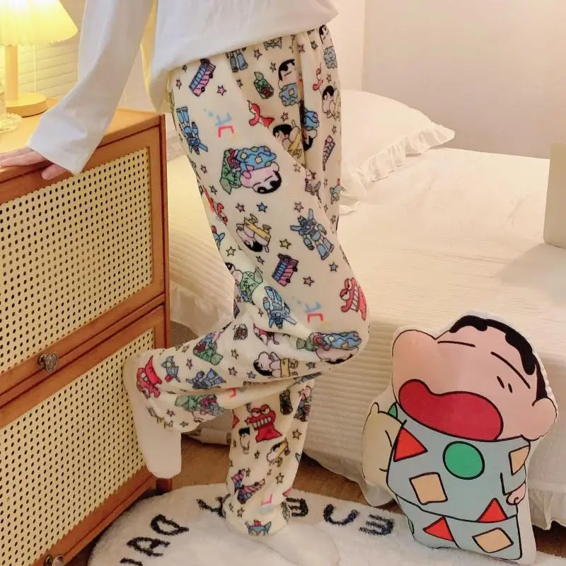 Crayon Shin-Chan Sleeping Pants for Women Winter Flannel Cartoon Warmth Leisure Time Coral Fleece Pants Home Pants Gift for Girl