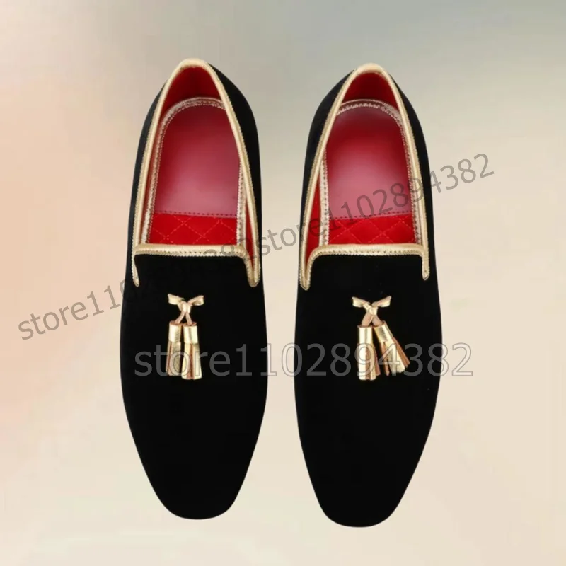 

Gold Tassels Decor Black Square Toe Men Loafers Fashion Slip On Men Shoes Luxury Handmade Party Feast Banquet Men Casual Shoes