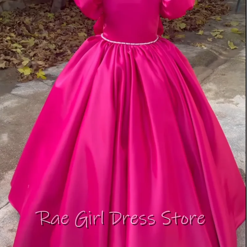 Customized Hot Pink Satin Flower Girl Dress Floor Length Ball Gown Puff Bubble Sleeve Pearl Trim For Wedding Pageant