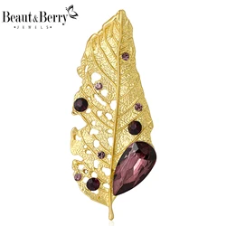 Beaut&Berry Luxury Rhinestone Leaf Brooches for Women Unisex Plant Pins 2-color Available Casual Party Accessories Gifts