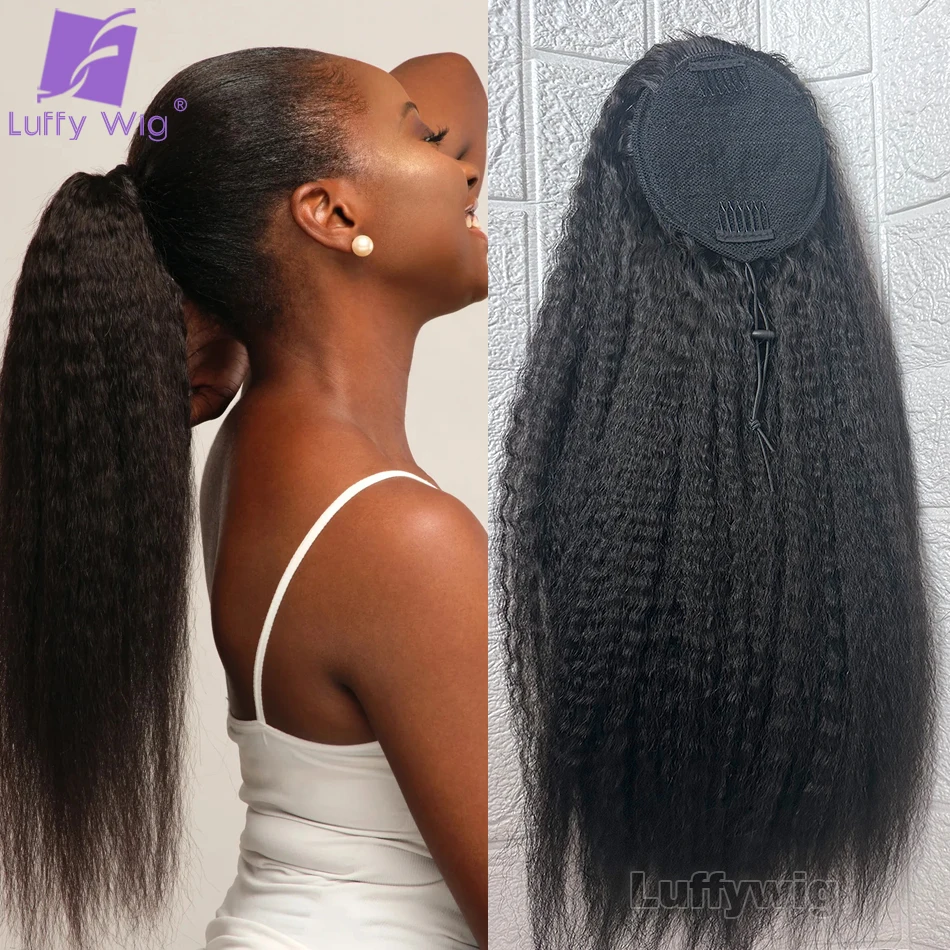 Kinky Straight Drawstring Ponytail Human Hair Brazilian Remy Italian Yaki Ponytail Clip in Hair Extension for Black Women LUFFY