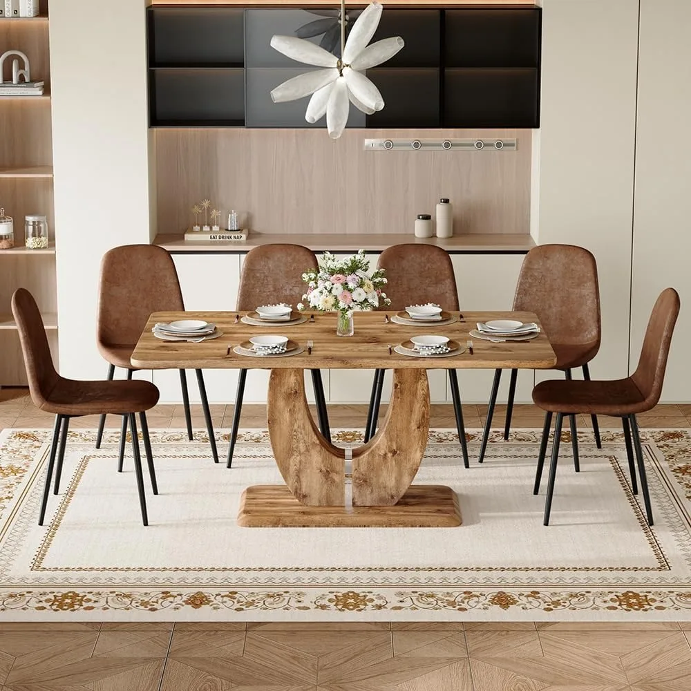 

Modern Dining Table Set for 6, 63 Wood Kitchen Table with 6 Fabric Suede Upholstered Chairs, Farmhouse Style.