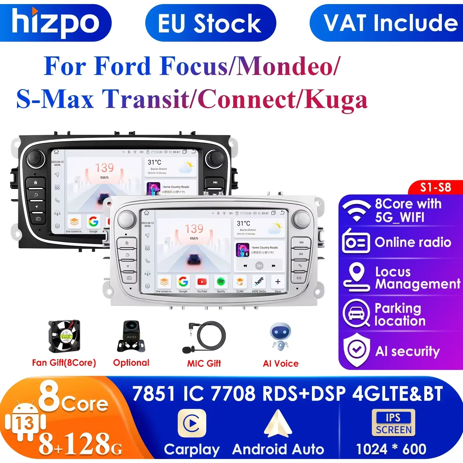 4G Android 13 2Din Radio Car Multimedia Player 2 Din 7 Inch Autoradio for Ford Focus S-Max Mondeo Galaxy C-Max Kuga Navi GPS RDS