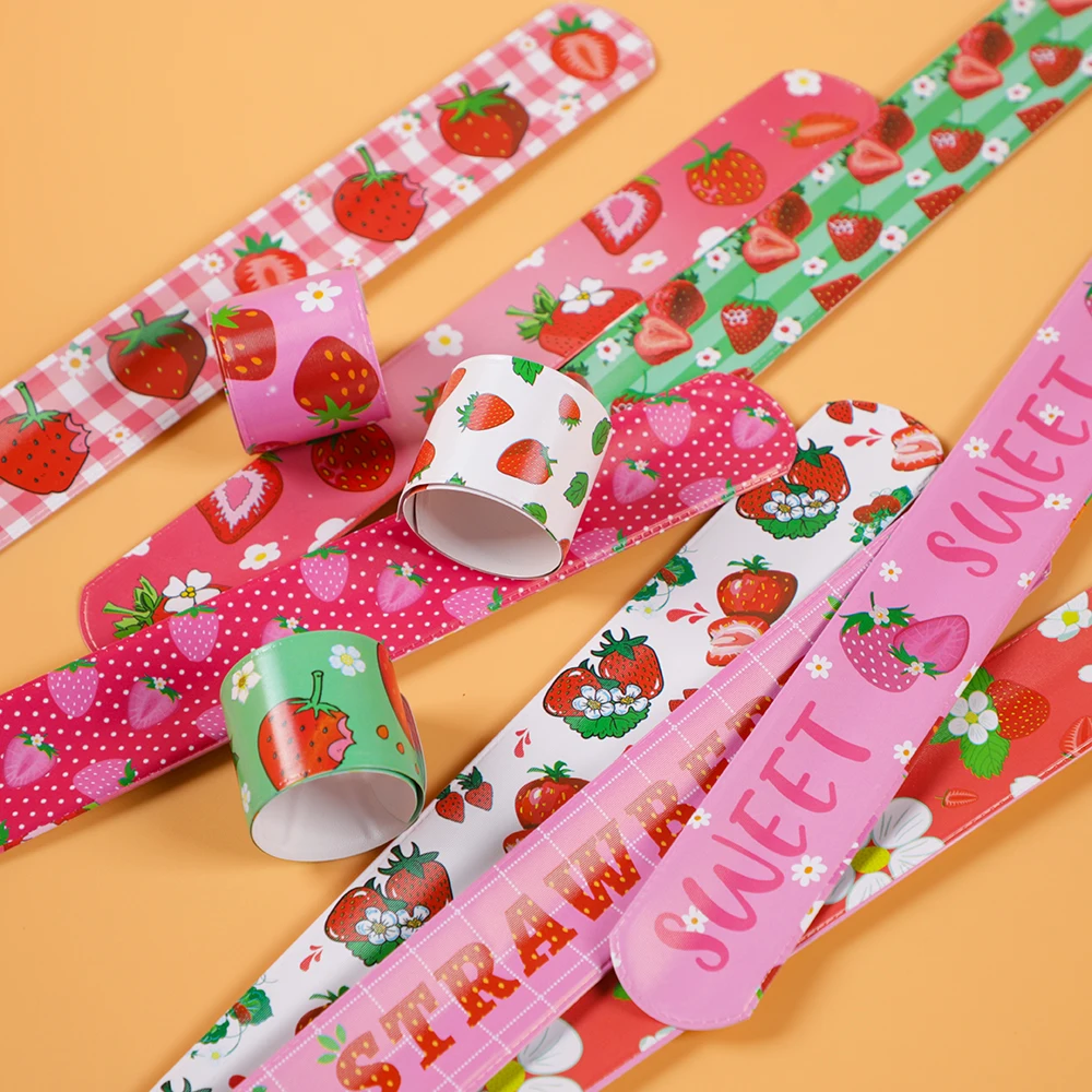 12Pcs Sweet Summer Strawberry Slap Bracelets Toy for Kids Girl Happy Fruit Birthday Party Favors Baby Shower Gifts Pinata Filler