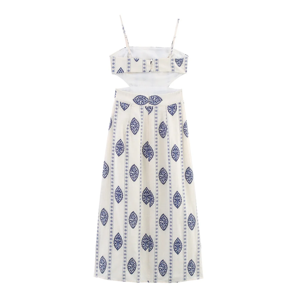 Women's Fashion Open Design Hollow Embroidery Strap Long Dress Summer New Style Slimming Midi Dress