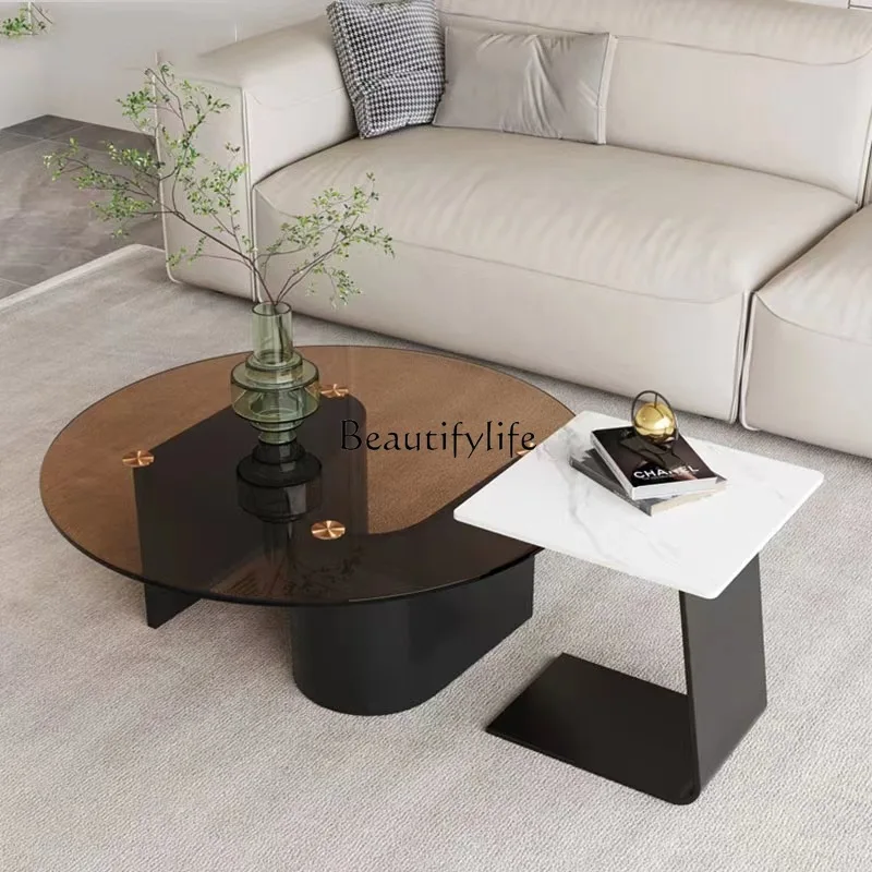

02**Tempered glass round coffee table modern light luxury small apartment living room home