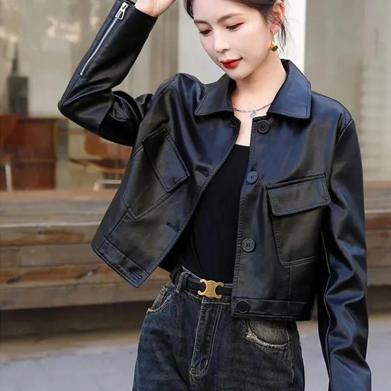 Faionable ort Leather Jaet dames 2025, herfst nieuwe Sle losse afslankende biker casual chique bovenkleding leren jas
