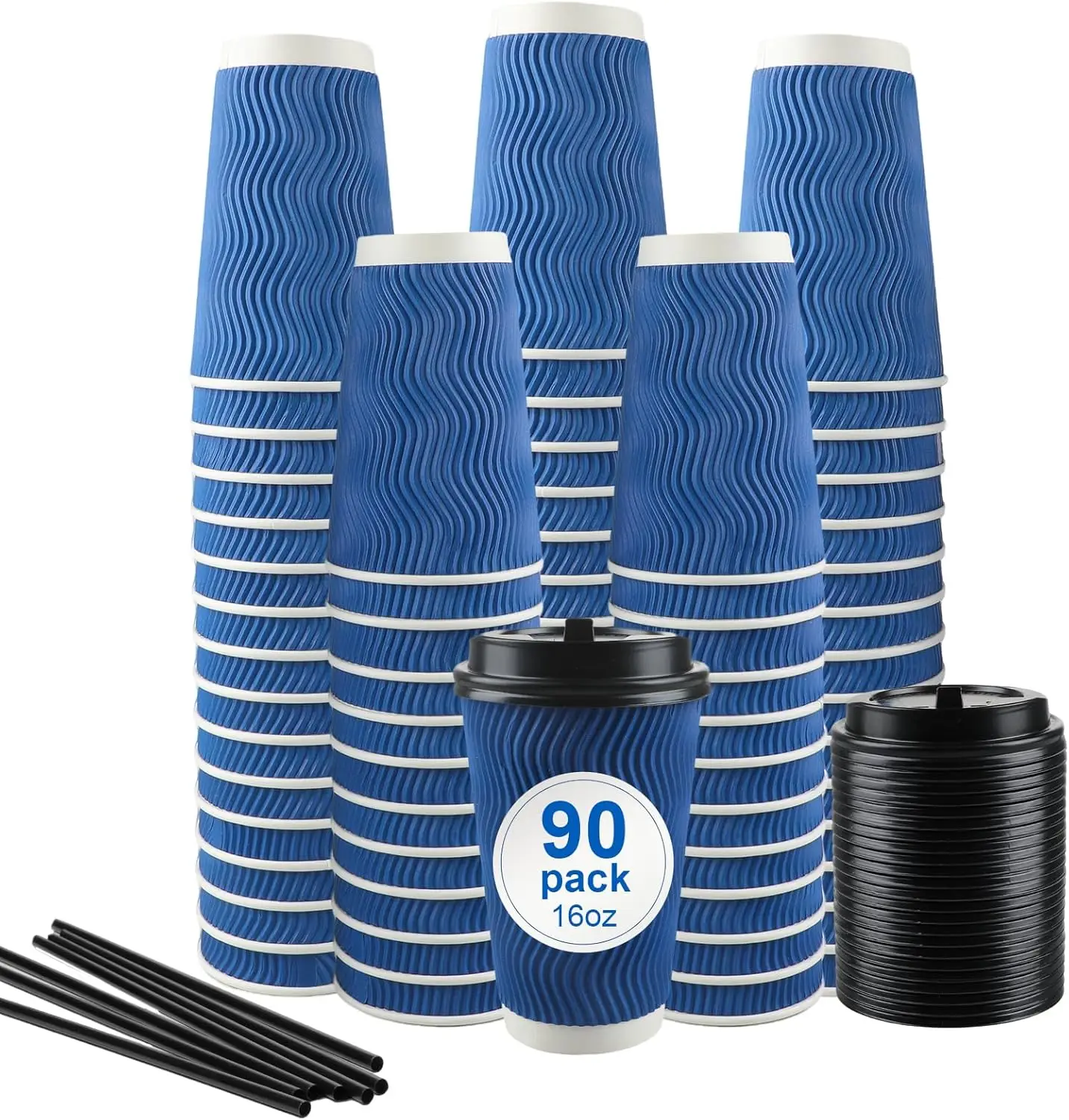 

Coffee Cups, 90 Pack 16 oz Disposable Blue Insulated Paper Cups, Corrugated Kraft Ripple Wall Cup, Comes with lids and s