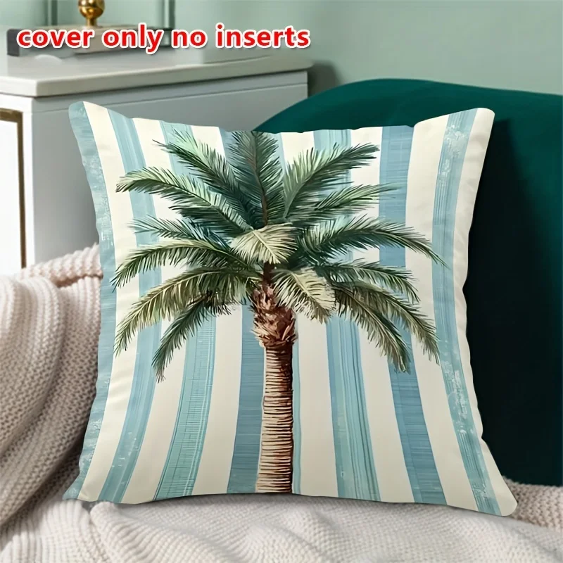 1pc Blue and White Striped Palm Tree Throw Pillow Cover, Suitable for Sofa, Bedroom, a Fresh Gift for Vacation Style Lovers.