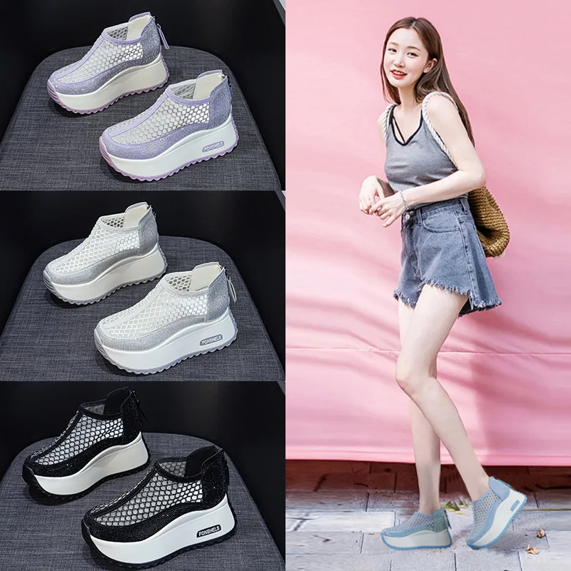 

2026 8cm Microfiber Leather Ankle Boots Sandals Women Shoes Hollow ZIP Chunky Sneaker Platform Wedge Fashion Summer Bling