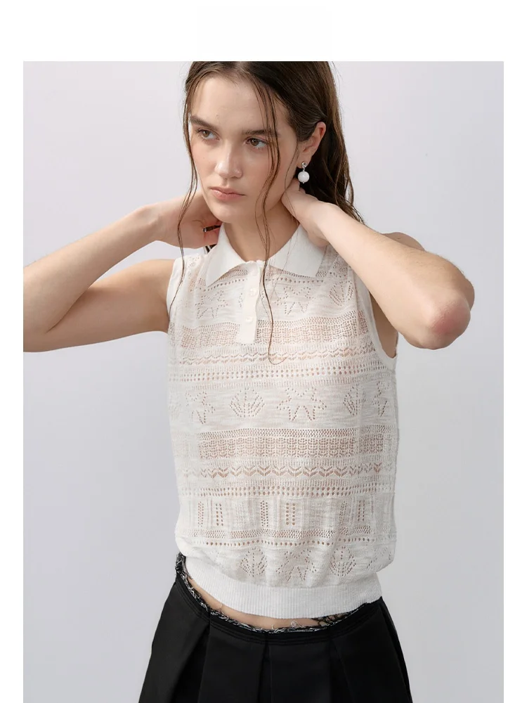 

Vingve Cloud White Collar Hollow out Slim Fit Knitted Svel Vest Women's Faionable Breathable Color Commute Sle