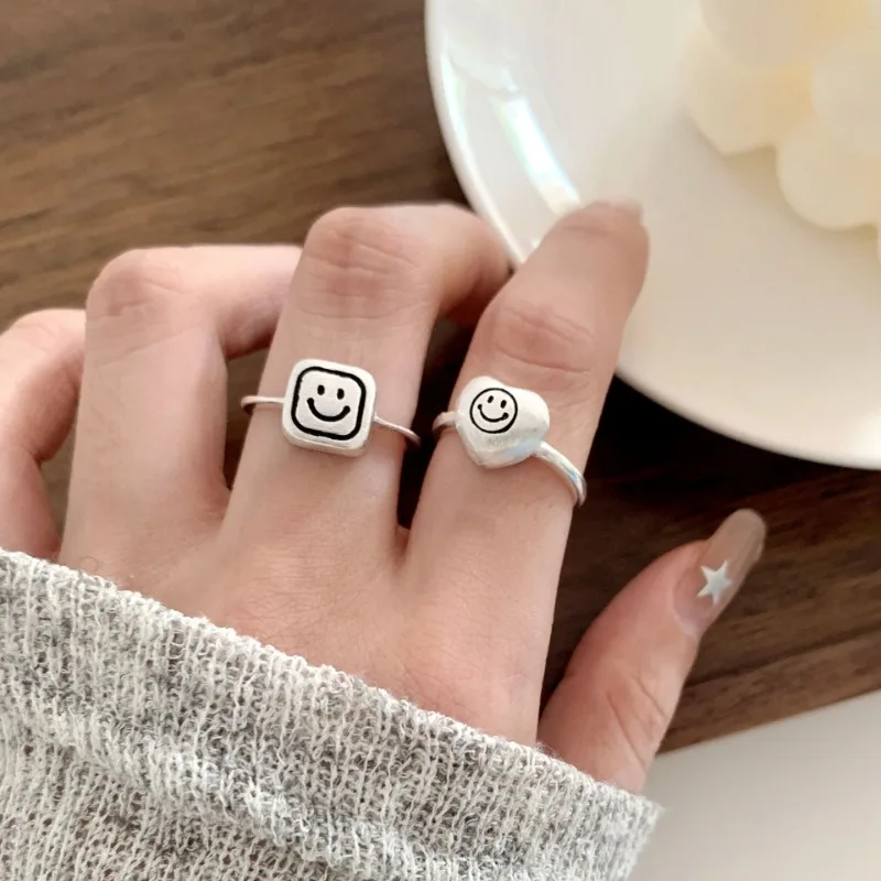 

925 Sterling Silver Geometry Heart Square Happy Expression Adjustable Opening Ring for Women Fine Jewelry Minimalist Accessories