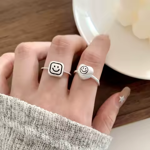 925 Sterling Silver Geometry Heart Square Happy Expression Adjustable Opening Ring for Women Fine Jewelry Minimalist Accessories